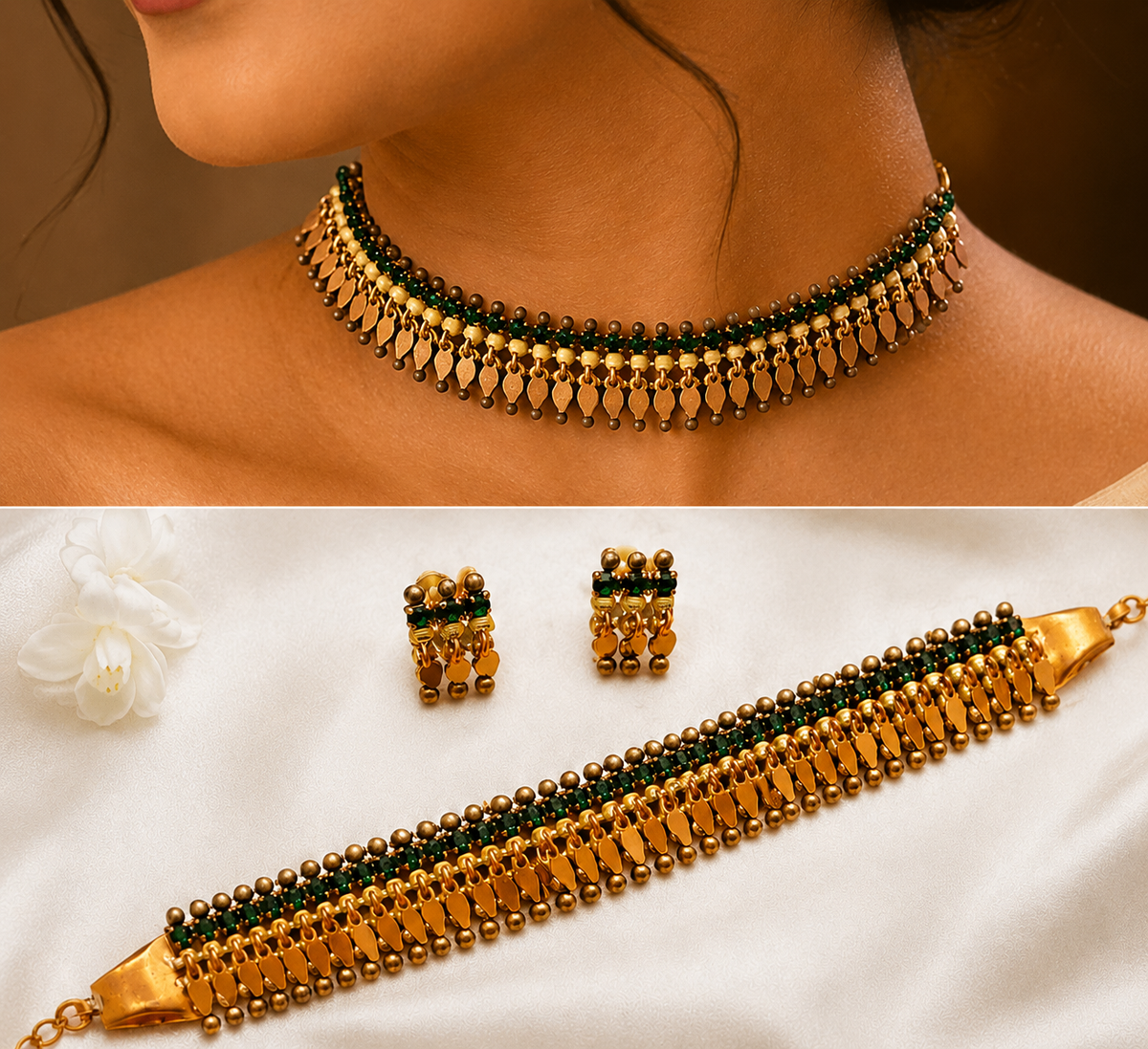 18K Gold Plated Kerala Style ElakkaThali Choker Necklace Set -ZS1012397 - Prebooking