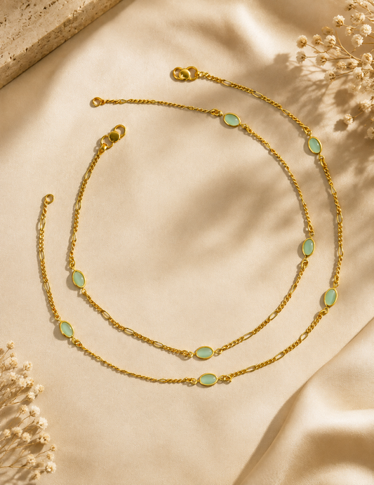 18K Gold Plated Semi Precious Oval Stone Pair Anklet - KT1012695