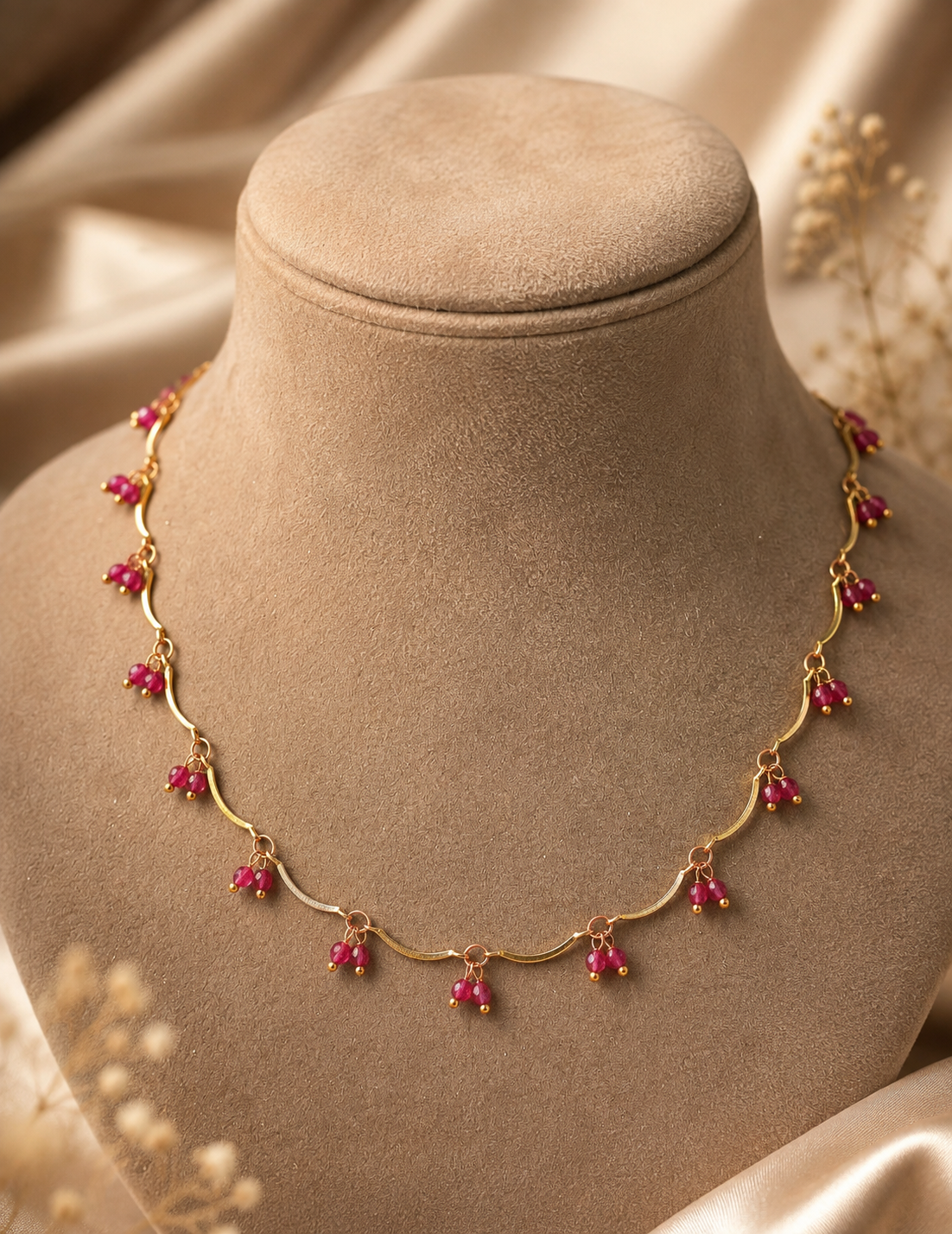 18K Gold Plated Ruby Red Crystal Bead Cluster Chain Necklace - AG1012558