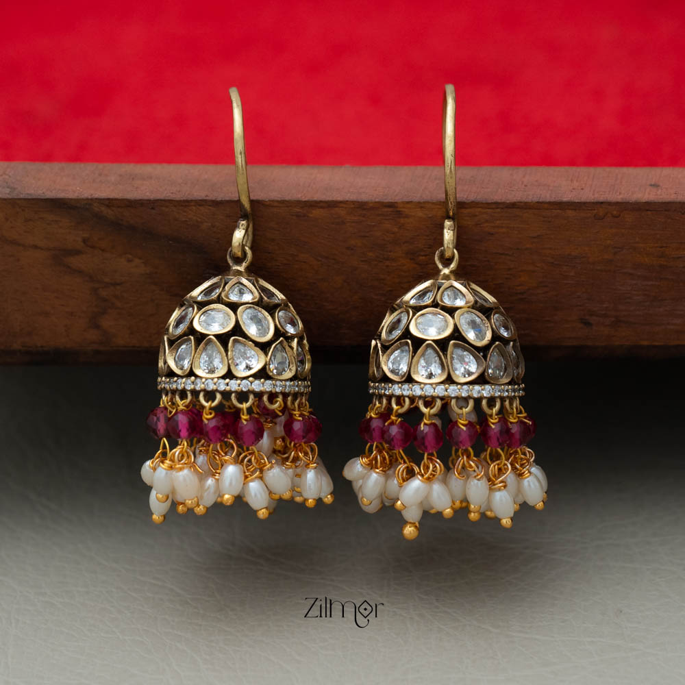 SN101915  - Polki Kundan Stone And Pearl Hoop Jhumka Earrings