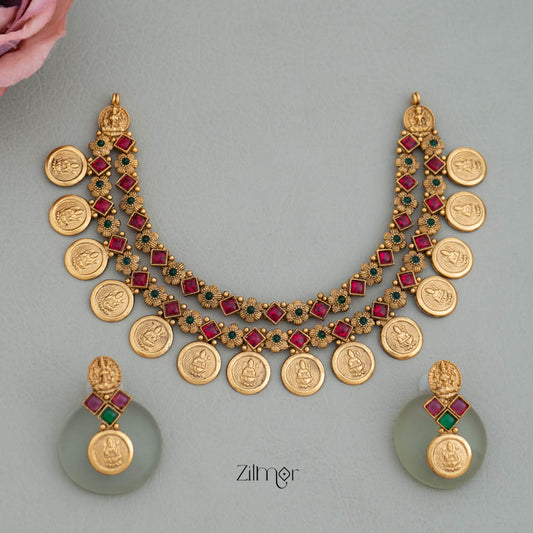 NV101921-  Antique Lakshmi Double Layer Necklace Earrings Set