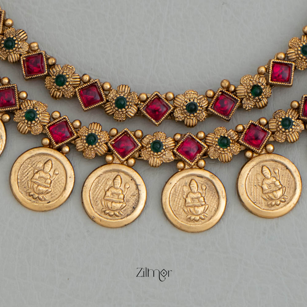 NV101921-  Antique Lakshmi Double Layer Necklace Earrings Set