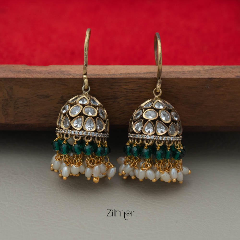 SN101915  - Polki Kundan Stone And Pearl Hoop Jhumka Earrings