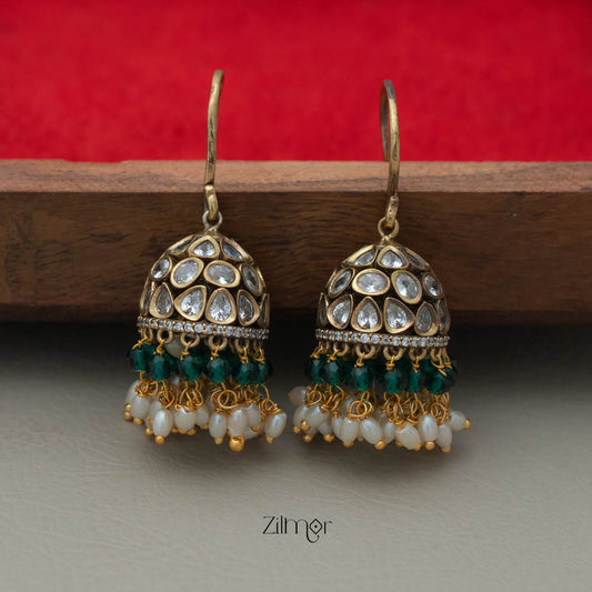 SN101915  - Polki Kundan Stone And Pearl Hoop Jhumka Earrings