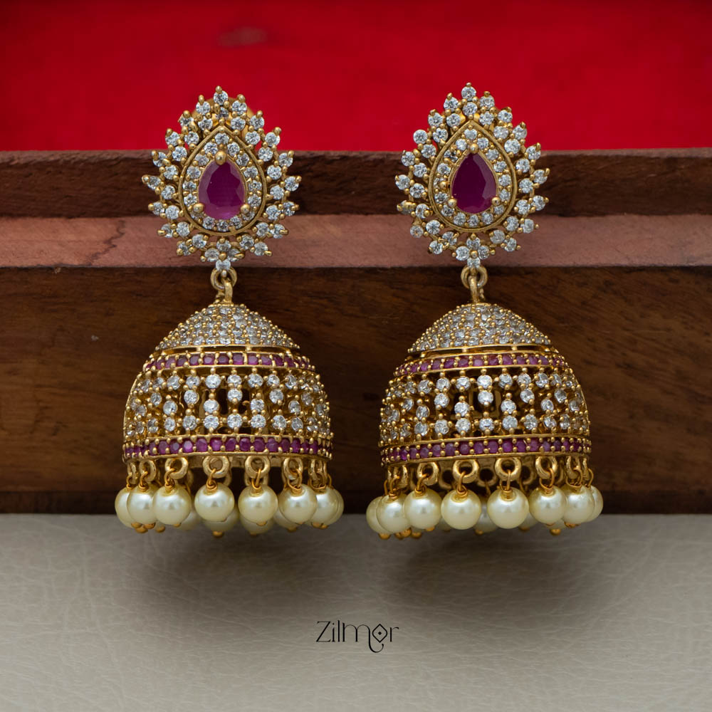 BH101953 -Ad Stone Pearl Hanging Jumkha Earrings