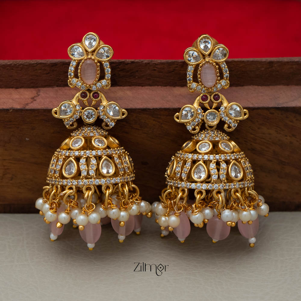 BH101950 -Ad Stone Pearl Hanging Jumkha Earrings