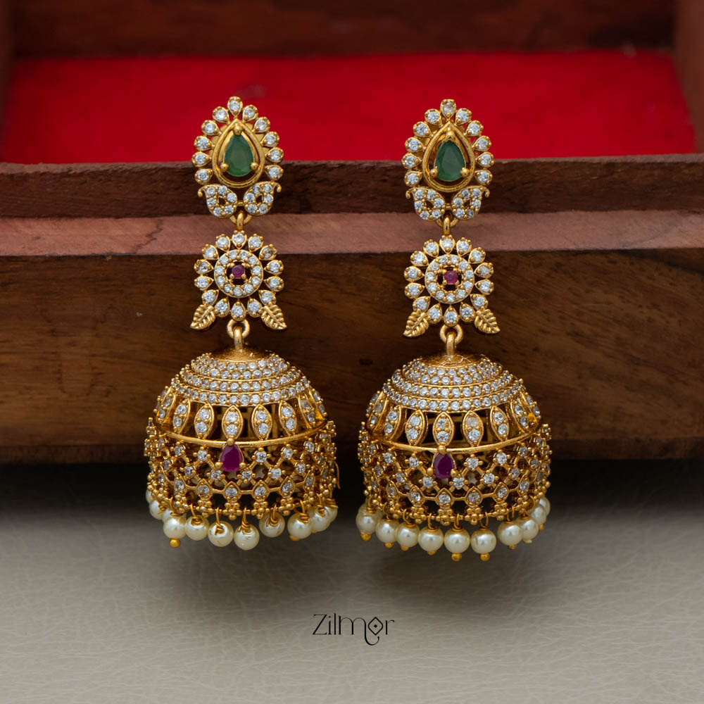 BH101952 -Ad Stone Pearl Hanging Jumkha Earrings