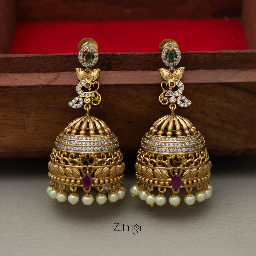 BH101948 -Ad Stone Pearl Hanging Jumkha Earrings