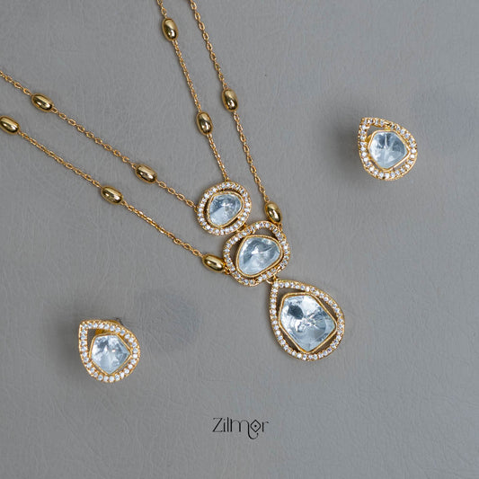 KH101958 - Moissanite Polki Stone Double Layer Necklace with Earrings