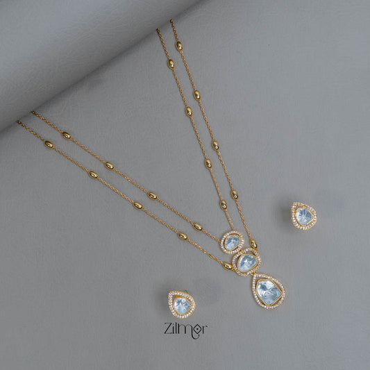 KH101958 - Moissanite Polki Stone Double Layer Necklace with Earrings