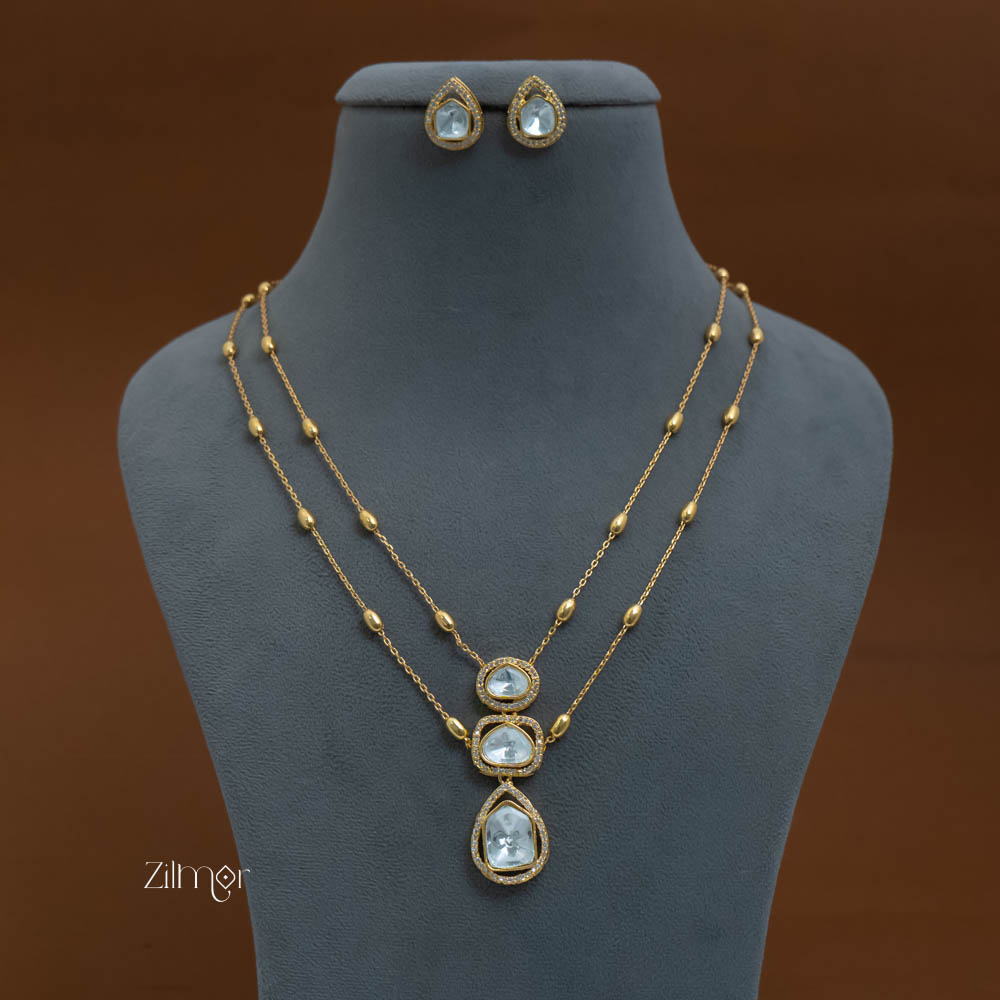 KH101958 - Moissanite Polki Stone Double Layer Necklace with Earrings