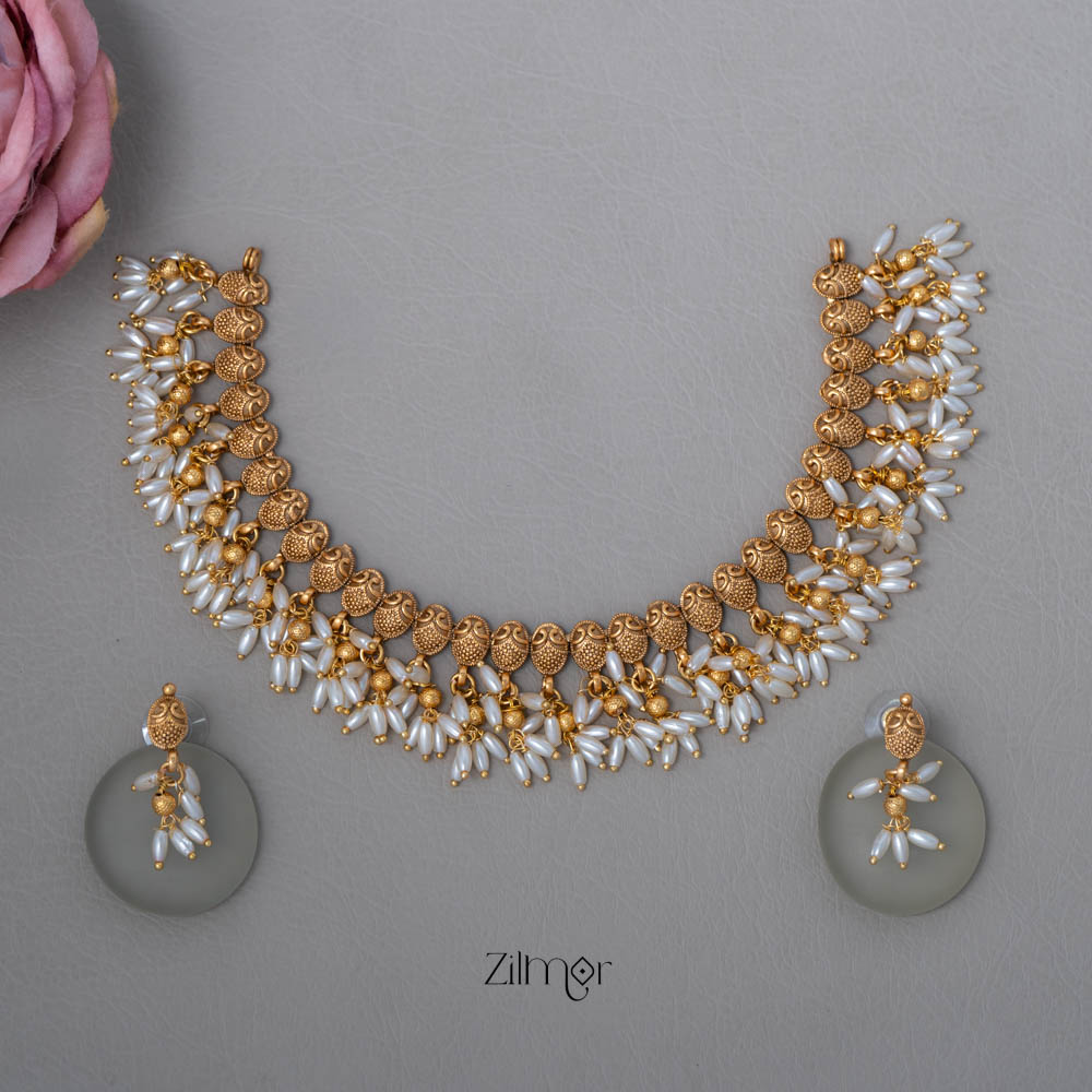 NV101961- Antique Rice pearl Necklace Earrings Set