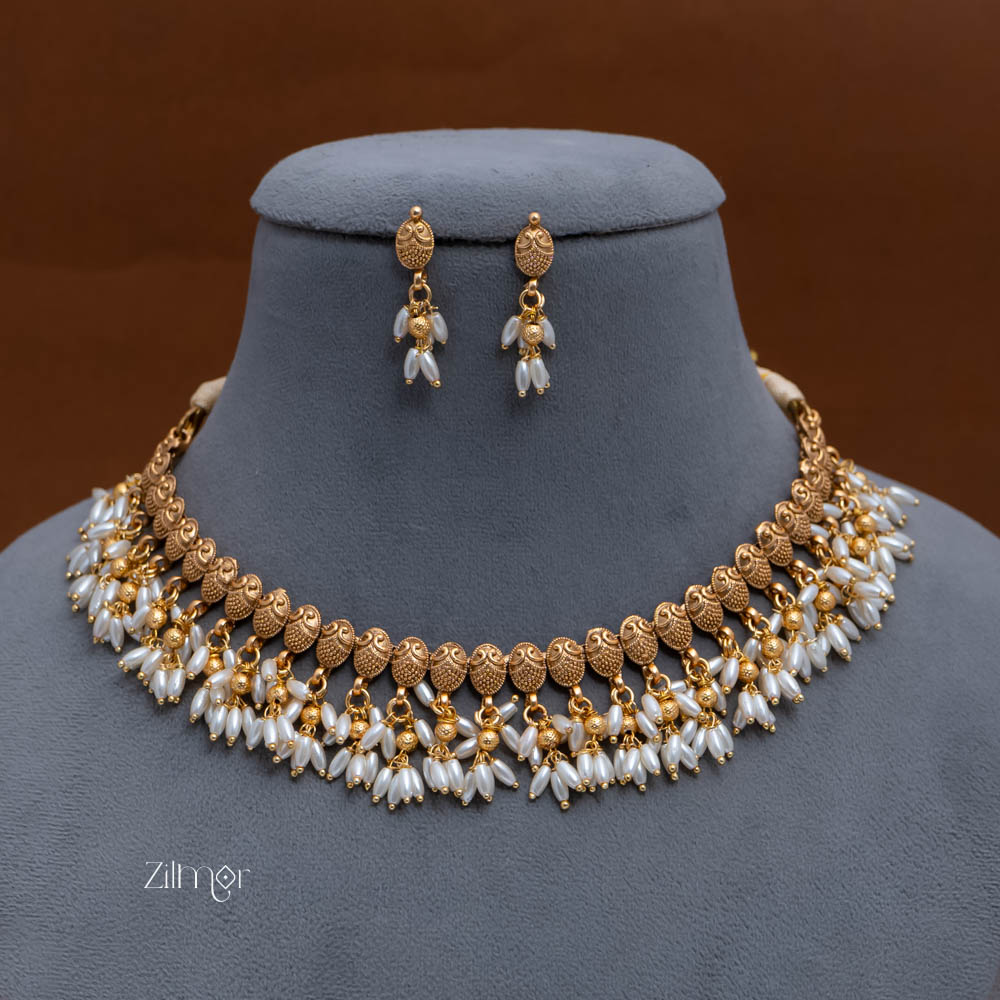 NV101961- Antique Rice pearl Necklace Earrings Set