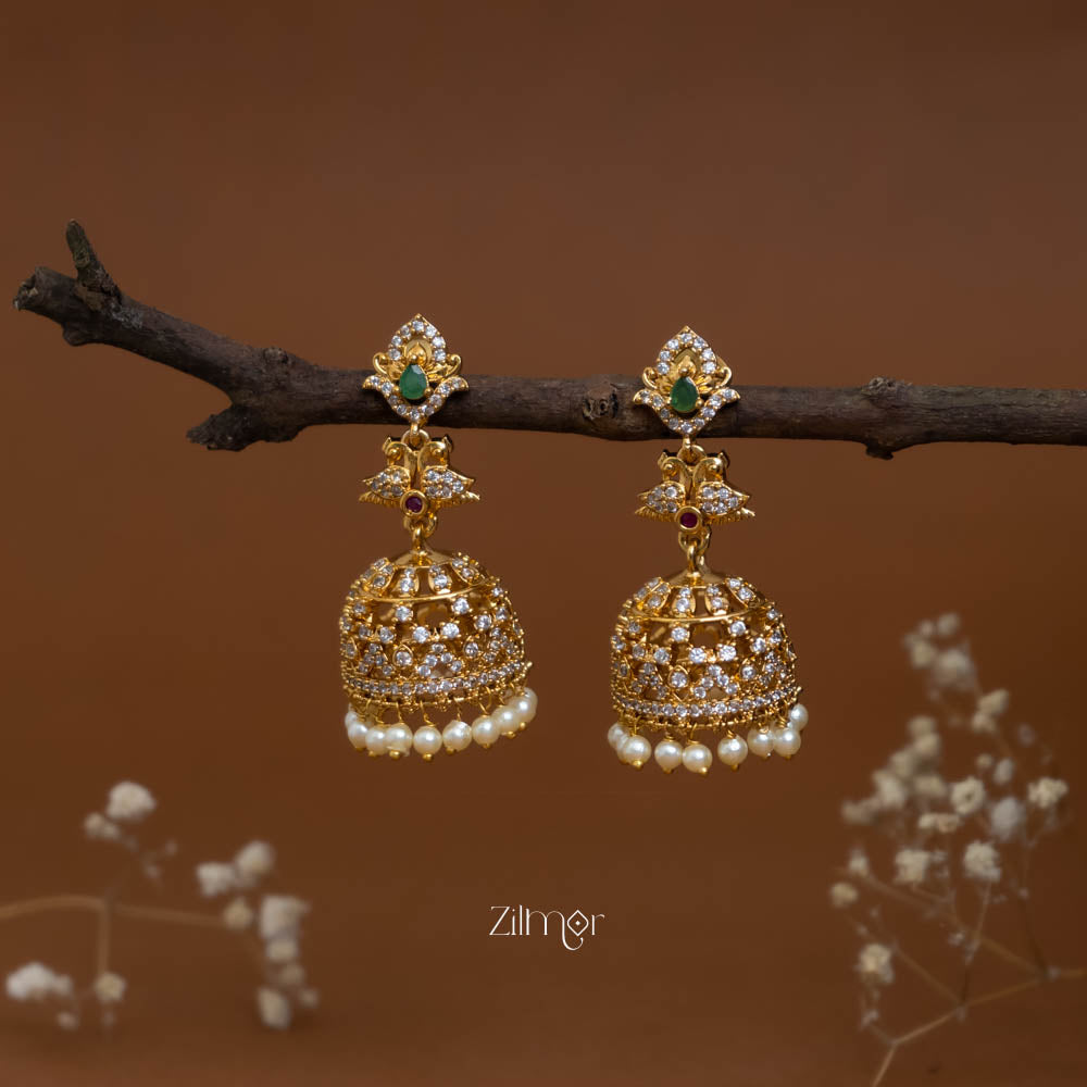 BH101951 -Ad Stone Pearl Hanging Jumkha Earrings