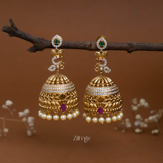 BH101948 -Ad Stone Pearl Hanging Jumkha Earrings