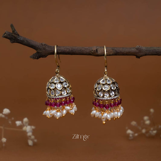 SN101915  - Polki Kundan Stone And Pearl Hoop Jhumka Earrings