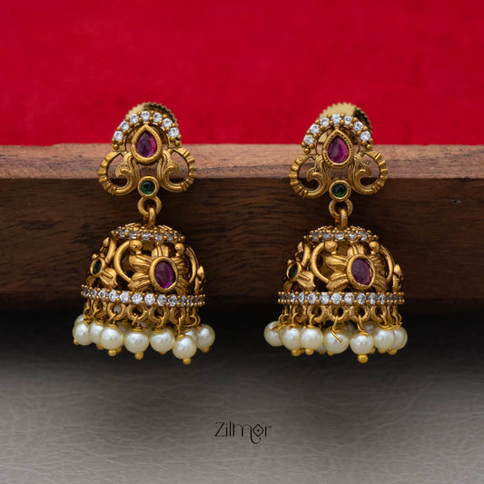 SC101982 -Ad Stone Pearl Hanging Jumkha Earrings