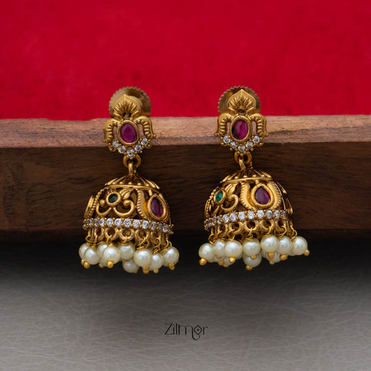 SC101983 -Ad Stone Pearl Hanging Jumkha Earrings