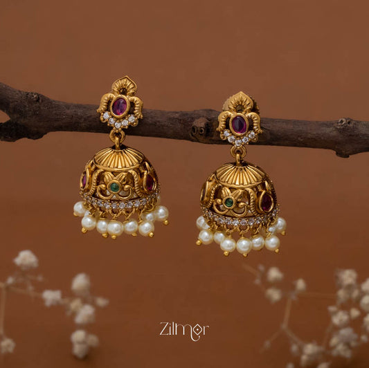 SC101983 -Ad Stone Pearl Hanging Jumkha Earrings