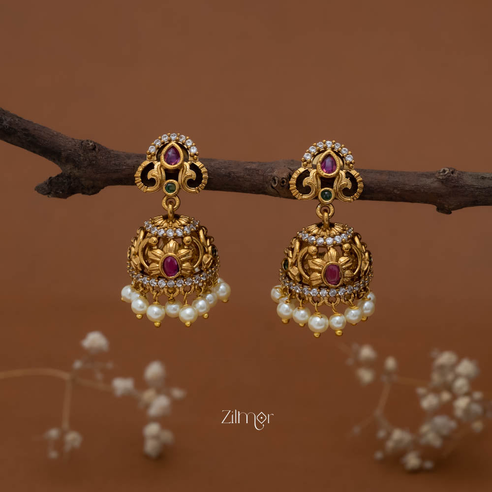 SC101982 -Ad Stone Pearl Hanging Jumkha Earrings