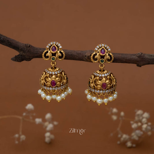 SC101982 -Ad Stone Pearl Hanging Jumkha Earrings