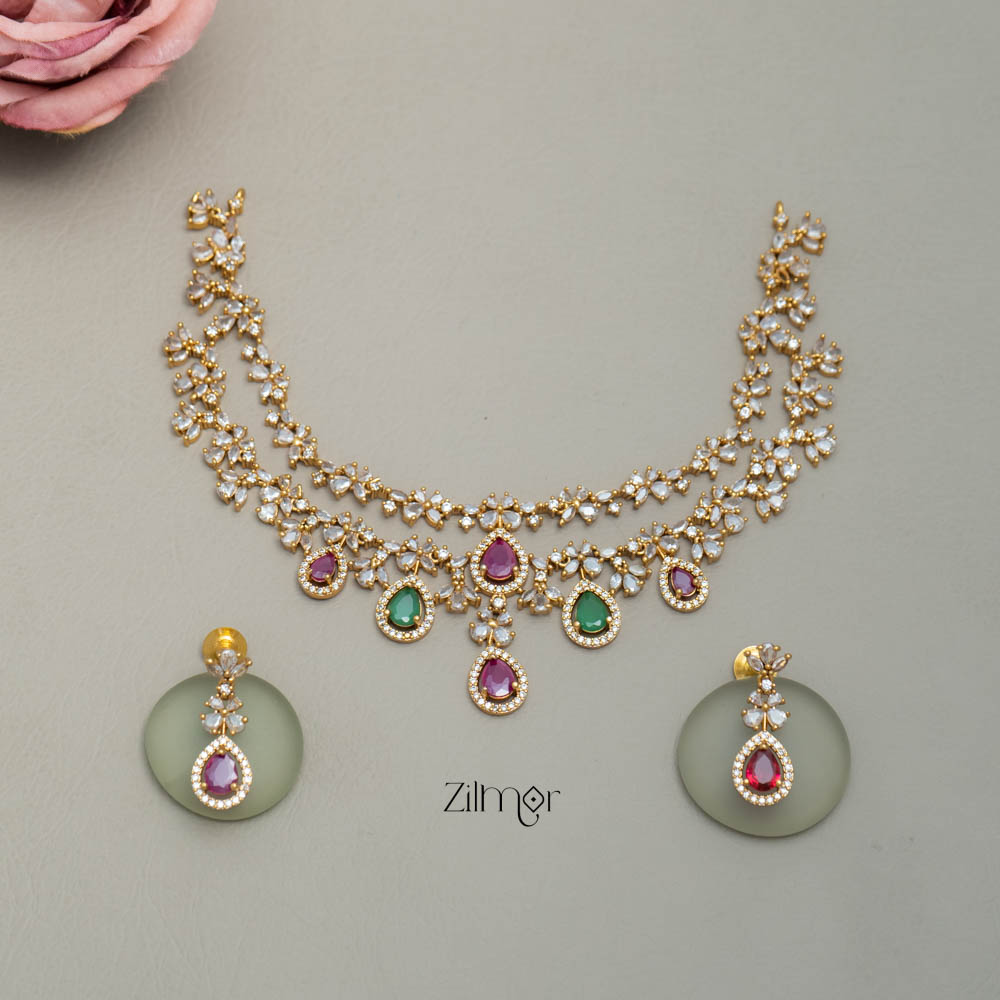 SN101725 - AD Stone 2 Layer Necklace Set Earring