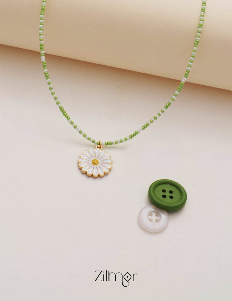 Daisy Olive Green Flower & Seed Beaded Choker Necklace for Kids 1-Zilmor