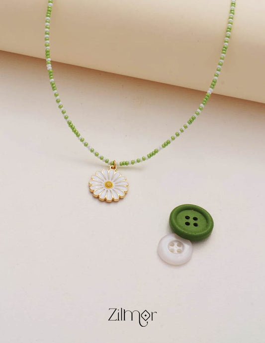 Daisy Olive Green Flower & Seed Beaded Choker Necklace for Kids 1-Zilmor