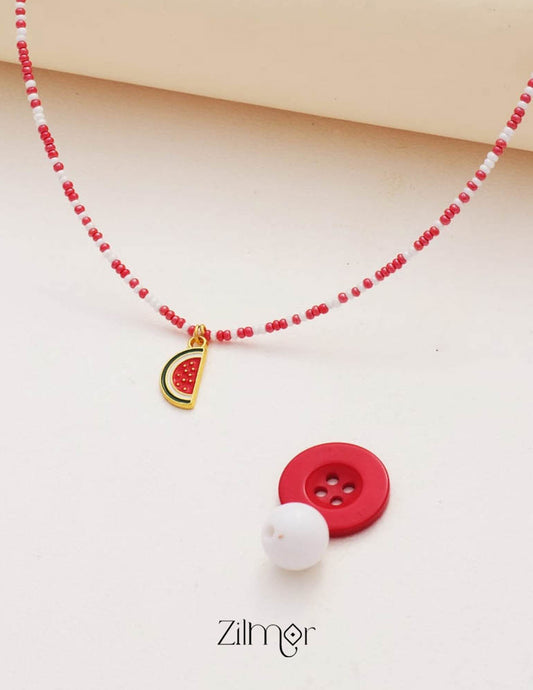 Daisy Water Melon charm & Seed Beaded Choker Necklace for Kids 1-Zilmor