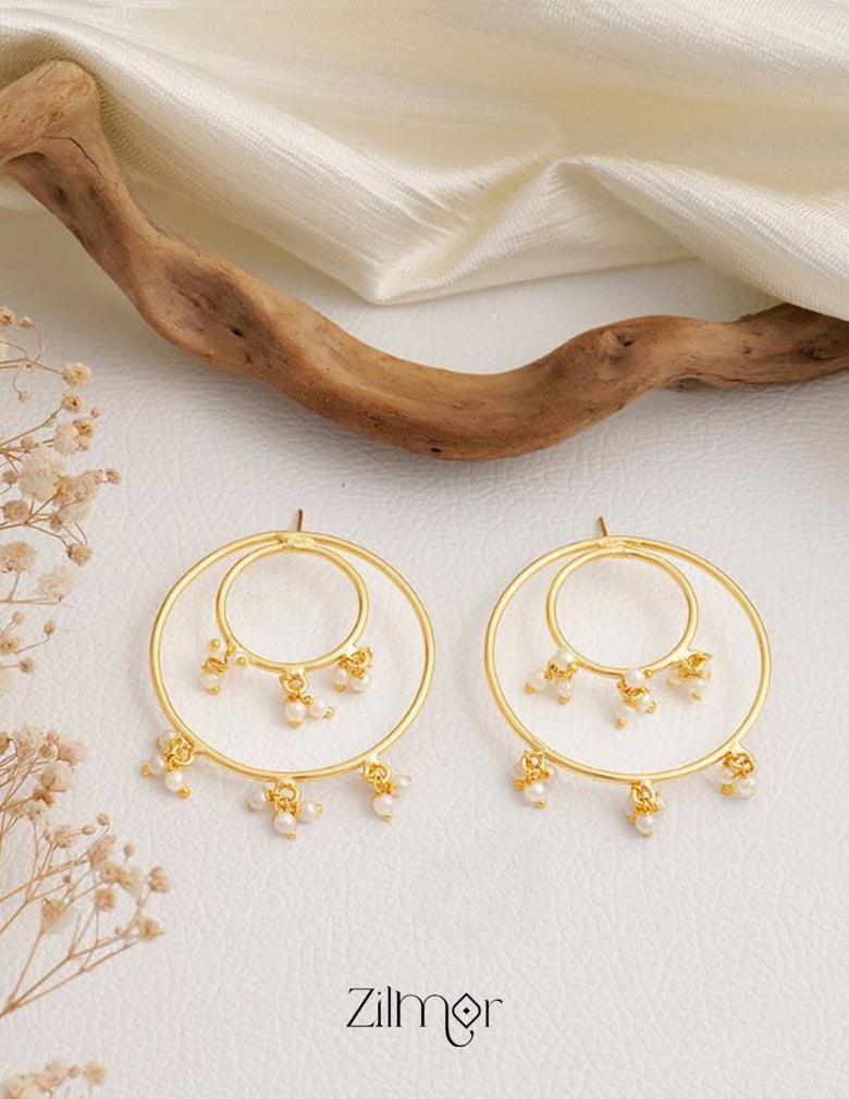 Double Ring with Pearl Hanging Earrings  - KE100444 1-Zilmor