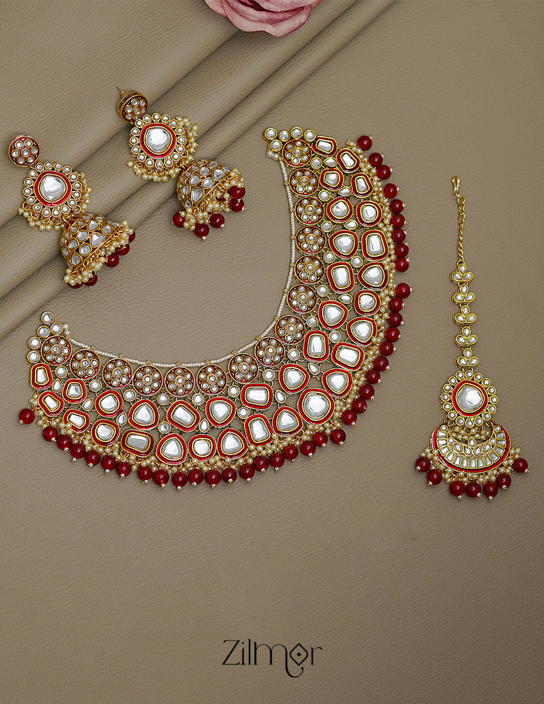 FS1011258 - Bridal Polki Kundan Necklace Earrings with Maangtikka 4-Zilmor