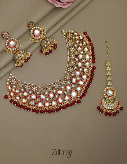 FS1011258 - Bridal Polki Kundan Necklace Earrings with Maangtikka 4-Zilmor