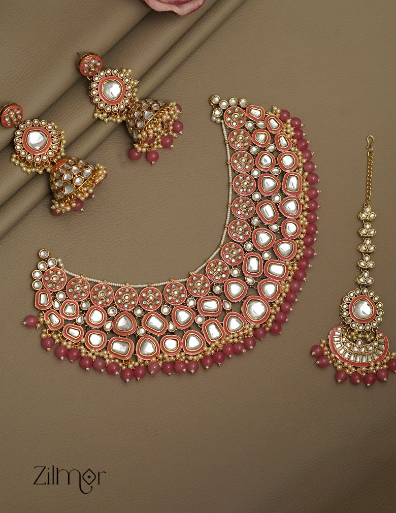 FS1011258 - Bridal Polki Kundan Necklace Earrings with Maangtikka 3-Zilmor