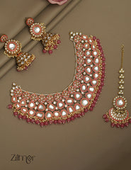 FS1011258 - Bridal Polki Kundan Necklace Earrings with Maangtikka 3-Zilmor