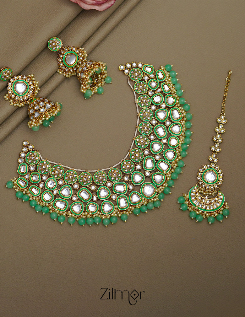 FS1011258 - Bridal Polki Kundan Necklace Earrings with Maangtikka 5-Zilmor