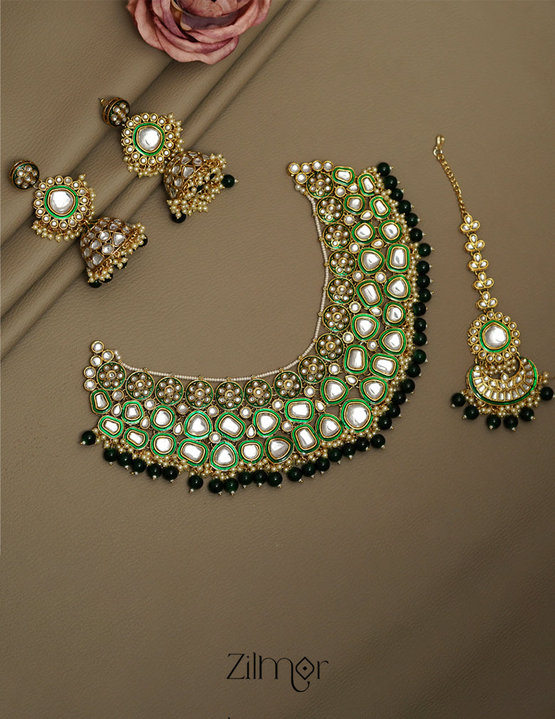 FS1011258 - Bridal Polki Kundan Necklace Earrings with Maangtikka 1-Zilmor