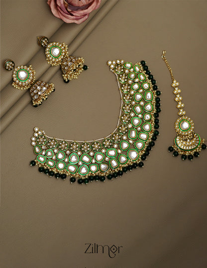 FS1011258 - Bridal Polki Kundan Necklace Earrings with Maangtikka 1-Zilmor