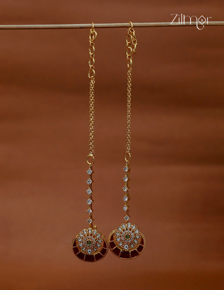 Pair of floral circular earrings with sparkling accents and long gold-tone ear chains