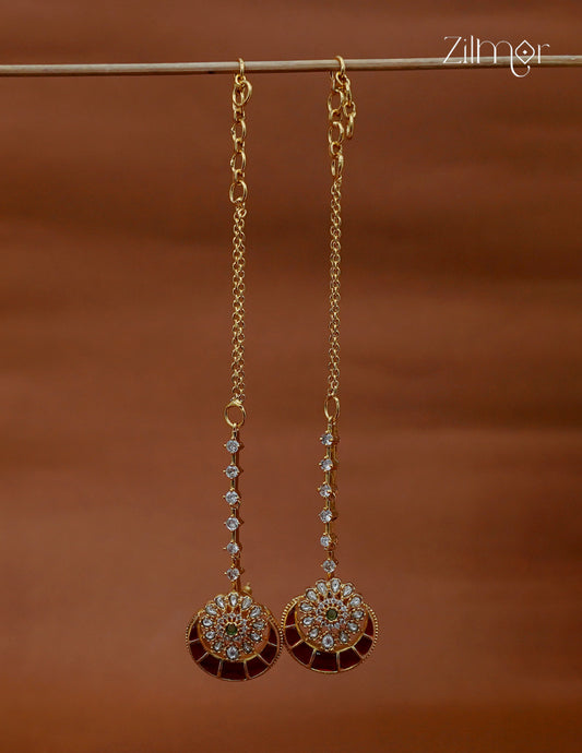 Pair of floral circular earrings with sparkling accents and long gold-tone ear chains