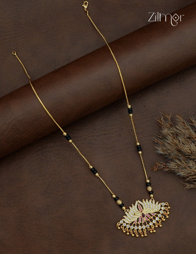 Gold-Plated Attigai Lotus Pendant Black Beads Necklace - SG1013038