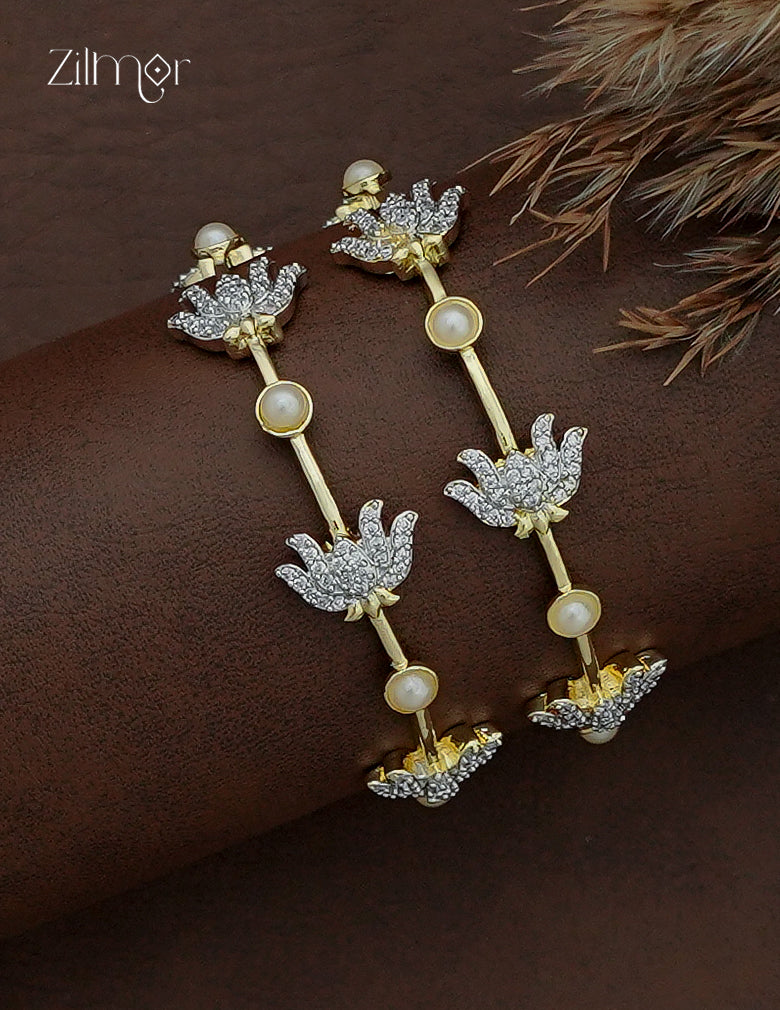 Gold AD Stone Lotus with Pearl Bangle Pair – top view showing pavé diamond lotus motifs and pearl accents