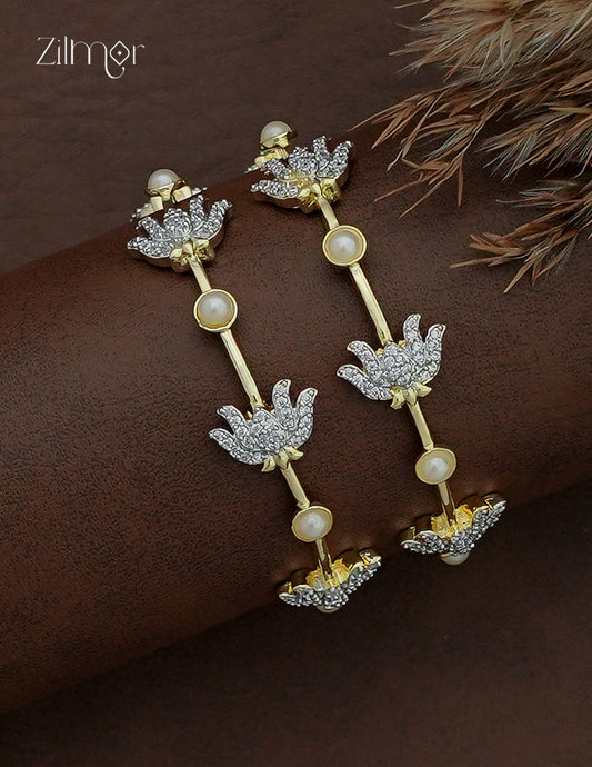 Gold AD Stone Lotus with Pearl Bangle Pair – top view showing pavé diamond lotus motifs and pearl accents