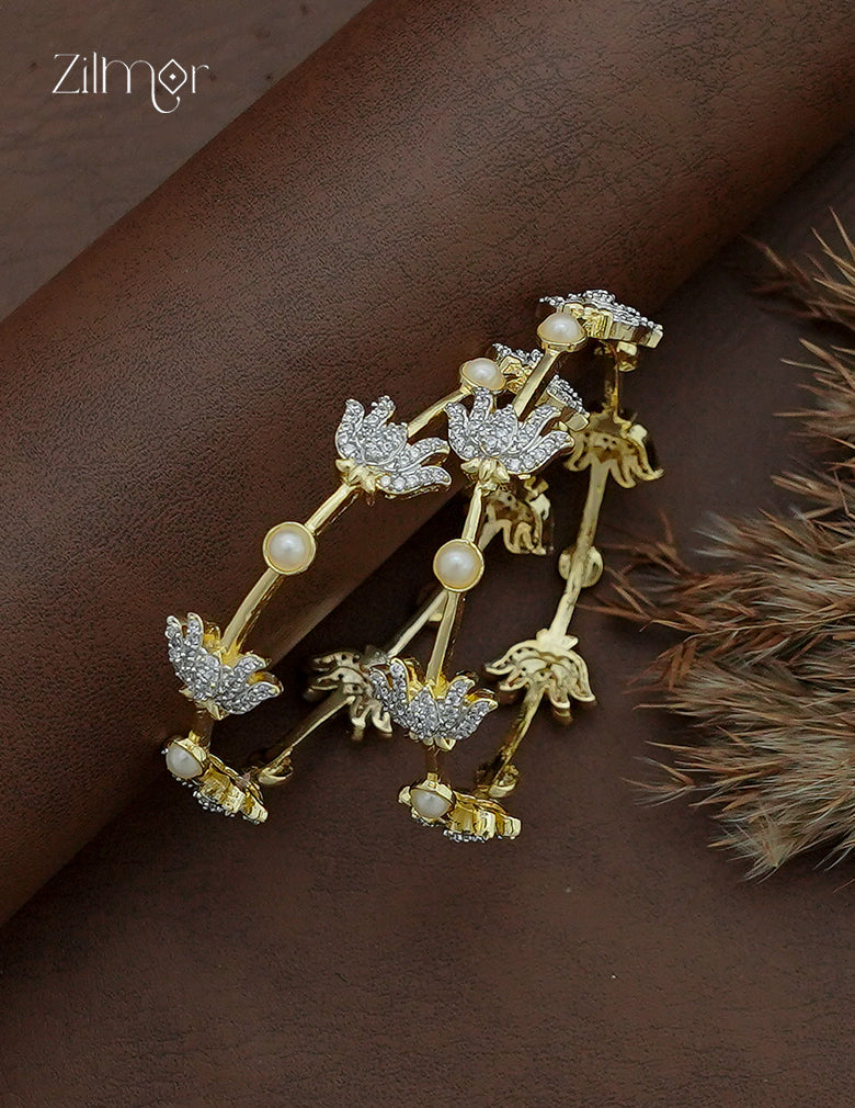 Gold AD Stone Lotus with Pearl Bangle Pair – side profile on wrist showing lotus and pearl detailing