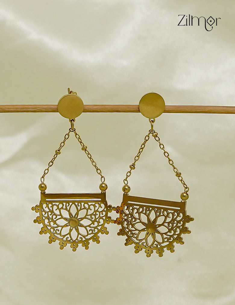 Gold Filigree Mandala Cut-Work Chain Dangle Earrings - AS1012690