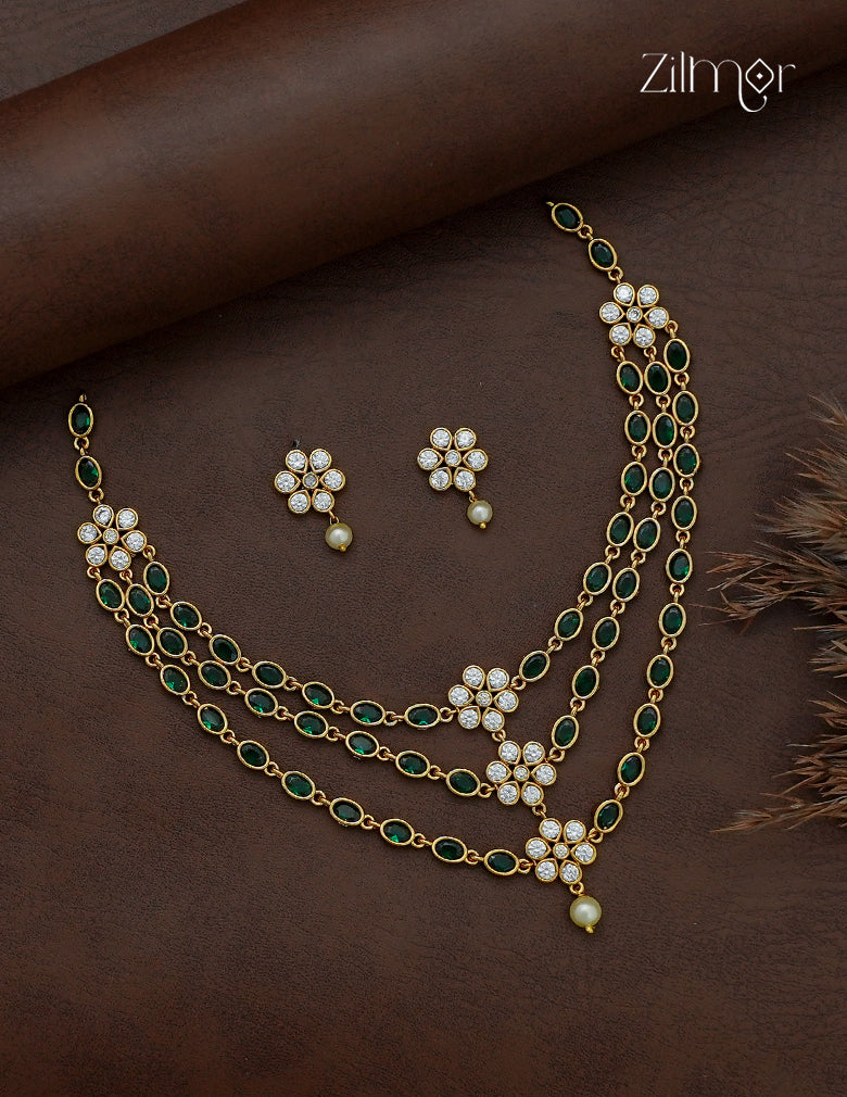 Gold Plated AD Stone Layered Necklace & Matching Earrings - AF1013025