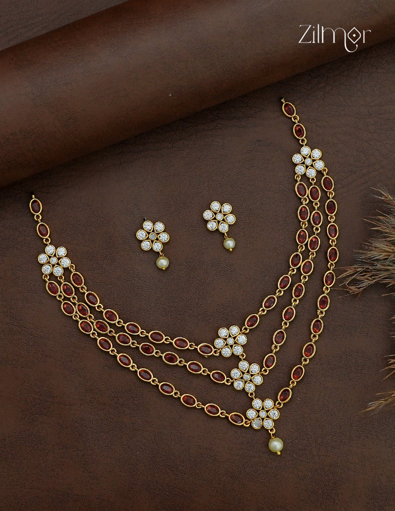 Gold Plated AD Stone Layered Necklace & Matching Earrings - AF1013025