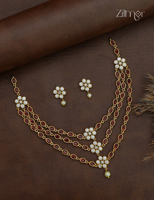Gold Plated AD Stone Layered Necklace & Matching Earrings - AF1013025