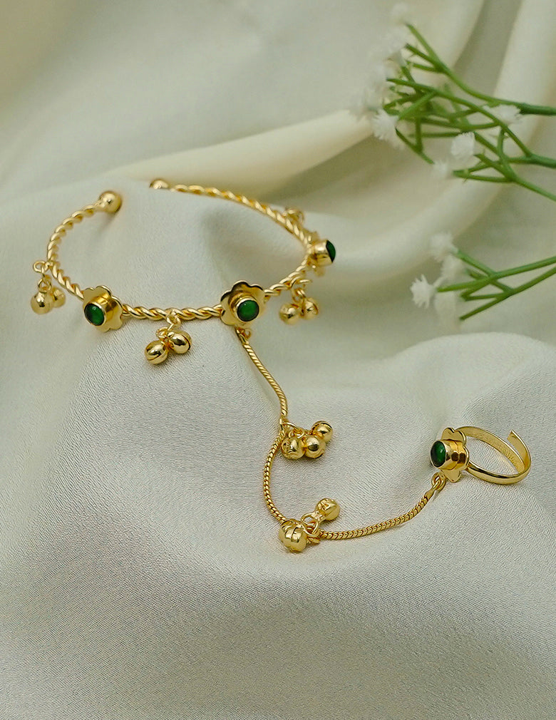 Gold plated adjustable bangle with ring, green stone accent hand chain
