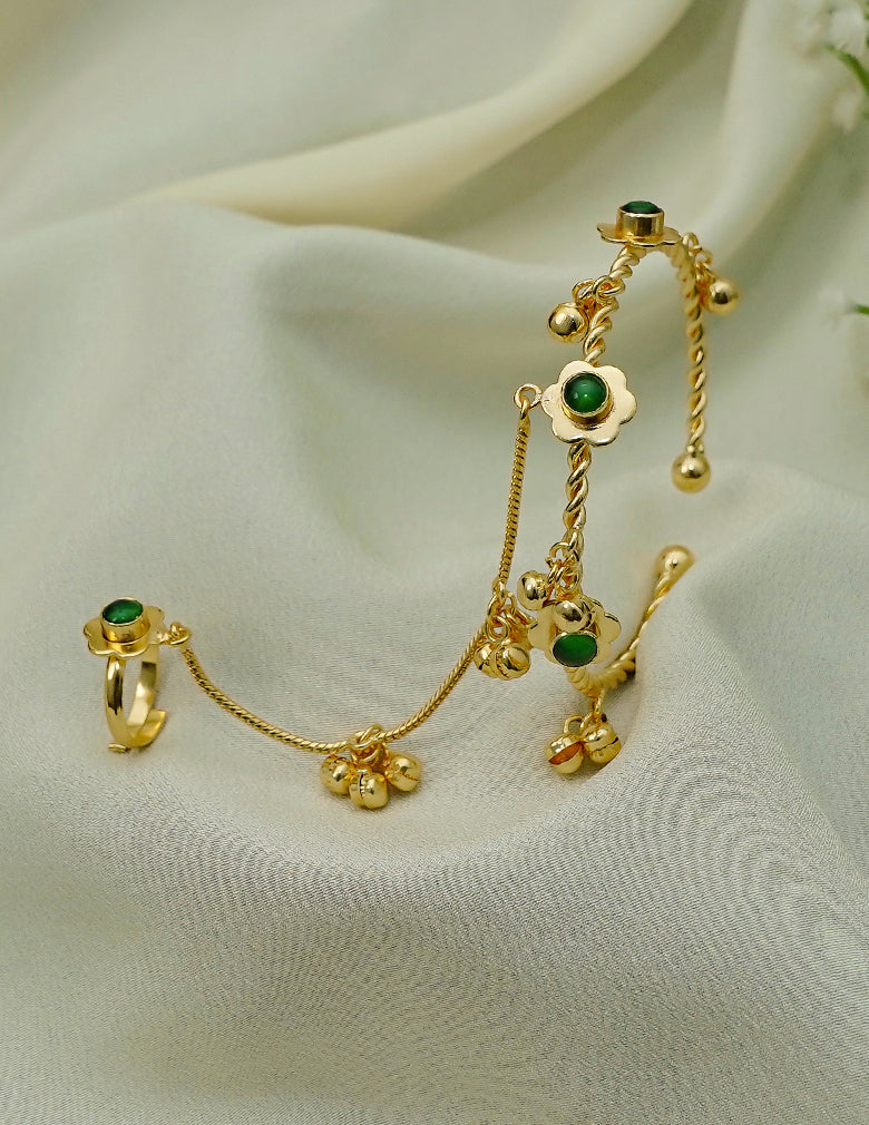 Gold plated adjustable bangle with ring, pearl accent hand chain
