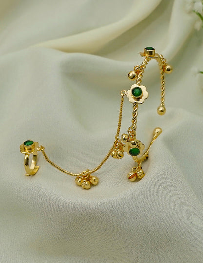 Gold plated adjustable bangle with ring, pearl accent hand chain